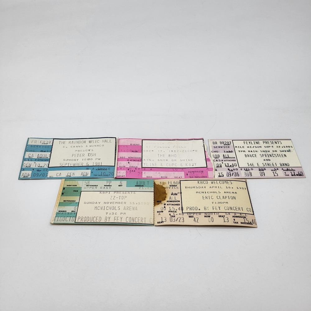 Vintage Lot Of 5 Concert Ticket Stubs Springsteen, ZZ Top, Eric Clapton, The Who